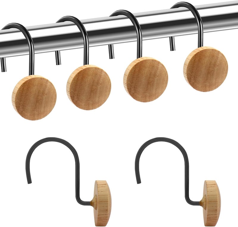 JTDTH Shower Curtain Hooks, Wood Decorative Shower Curtain Rings, Modern Round Log Shower Curtain Hangers, 12PCS Shower Hooks for Shower Curtain Rod, Bedroom, Living Room (Black 1) - Image 1